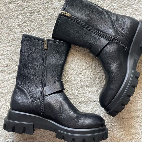 NEW AGL Chunky Biker Moto Lug Sole Black Leather Buckle Boots 40 - Picture 7 of 13